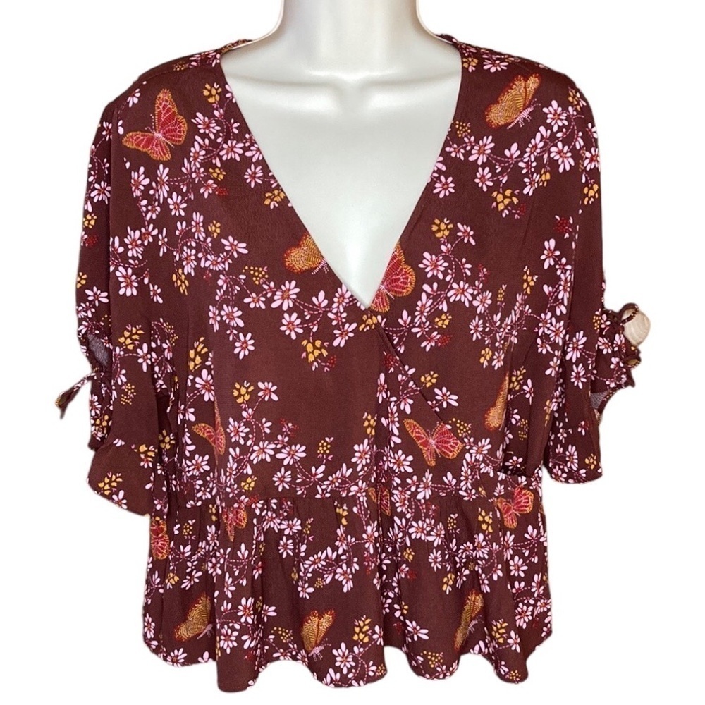 Madewell | NEW Burgundy Butterfly Sanctuary Tie Sleeve Wrap Top 12P